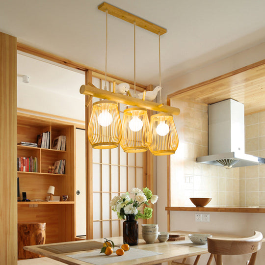 Dining Room Pendant Beige Hanging Lamp With Bamboo Barrel Shade