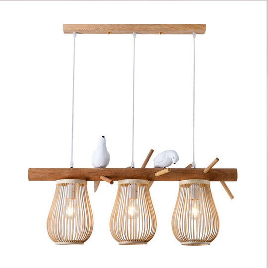 Dining Room Pendant Beige Hanging Lamp With Bamboo Barrel Shade