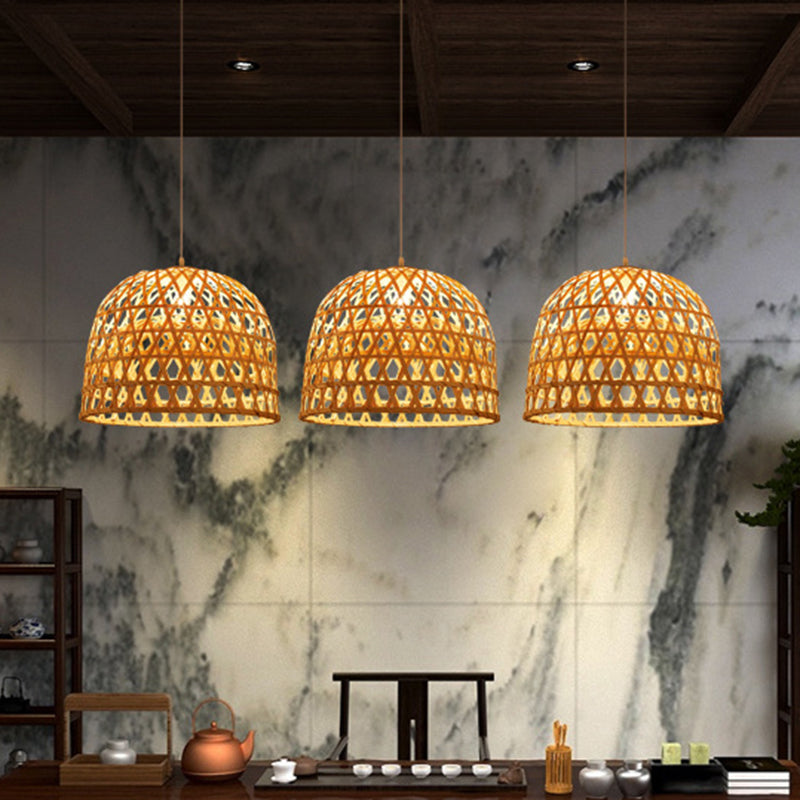 Modern Dome Bamboo Pendant Lighting 1 Light Ceiling Lamp - 14"/19.5" Diameter - Beige - Dining Room