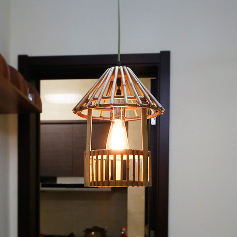 Bamboo Pavilion Pendant Lamp: Asian-Inspired 1-Light Hanging Kit For Dining Room Wood