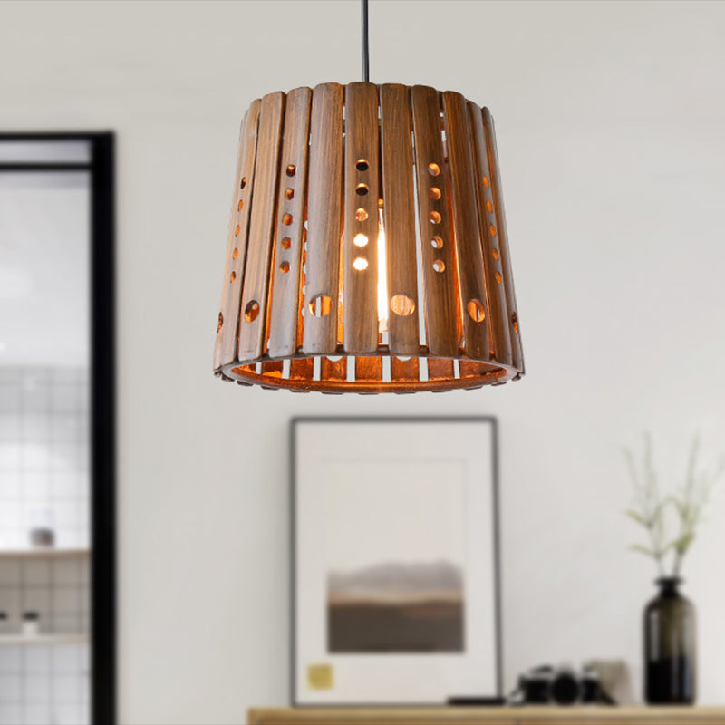 Brown Bamboo Pendant Lamp With Modern Slatted Design - 1 Light Hanging For Dining Room