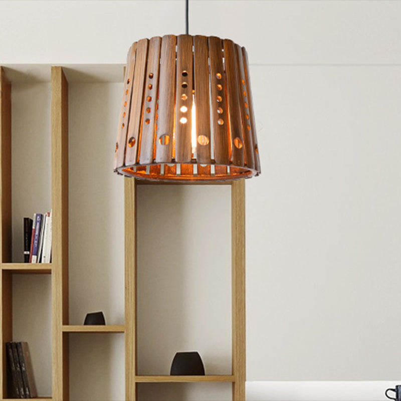 Brown Bamboo Pendant Lamp With Modern Slatted Design - 1 Light Hanging For Dining Room