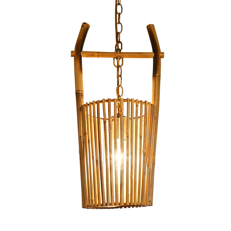 Modern Beige Bamboo Barrel Pendant Light with Suspension - 1-Light Hanging Lamp