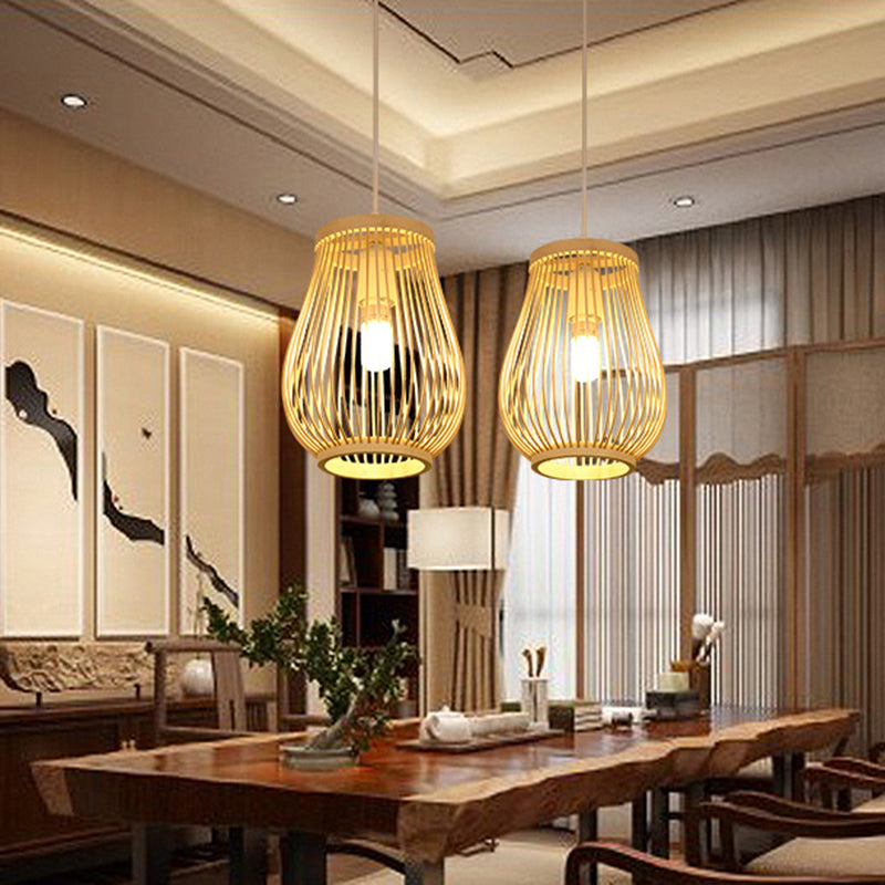 Contemporary Bamboo Pendant Ceiling Light In Pawpaw Shape - Beige