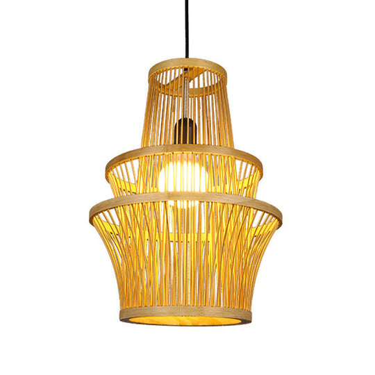 Modern Bamboo Pendant Light - Beige Symmetrical Hanging Lamp