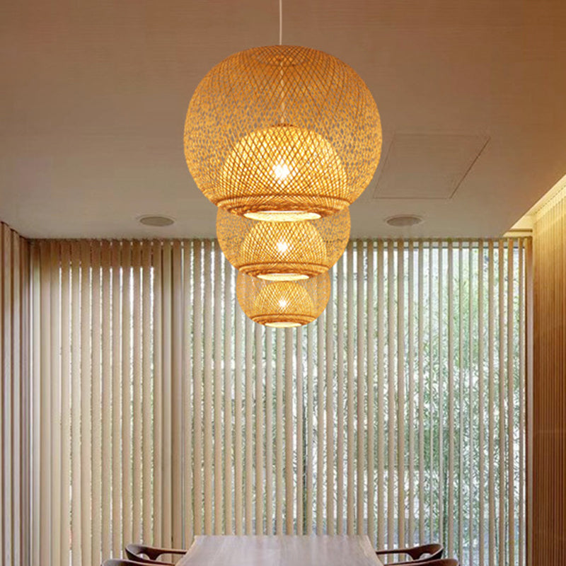 Bamboo Pendant Light With Globe Shade - Modern Beige Dining Room Lighting 14 18 21.5 W