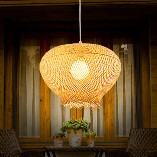 Modern Bamboo Pendant Lighting - Nest Shaped Beige 1 Light Ideal For Dining Rooms