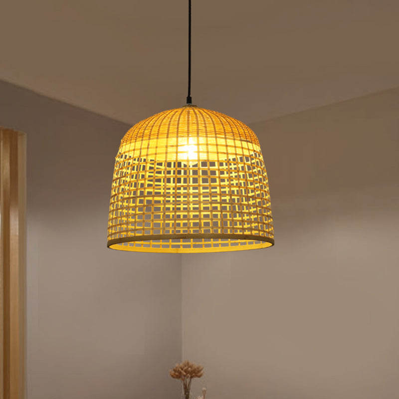 16/19.5 Wide Beige Domed Pendant Ceiling Light - Asian Style Bamboo Hanging Lamp