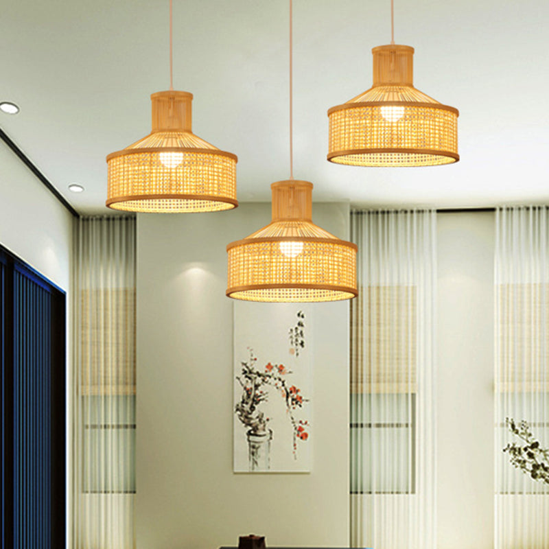 Modern Round Bamboo Pendant Ceiling Light In Beige For Dining Room