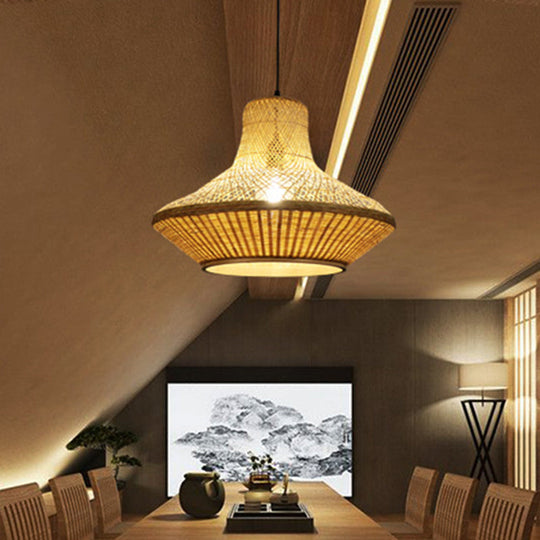 Beige Bamboo Lantern Pendant Light Kit For Dining Room With Down Lighting