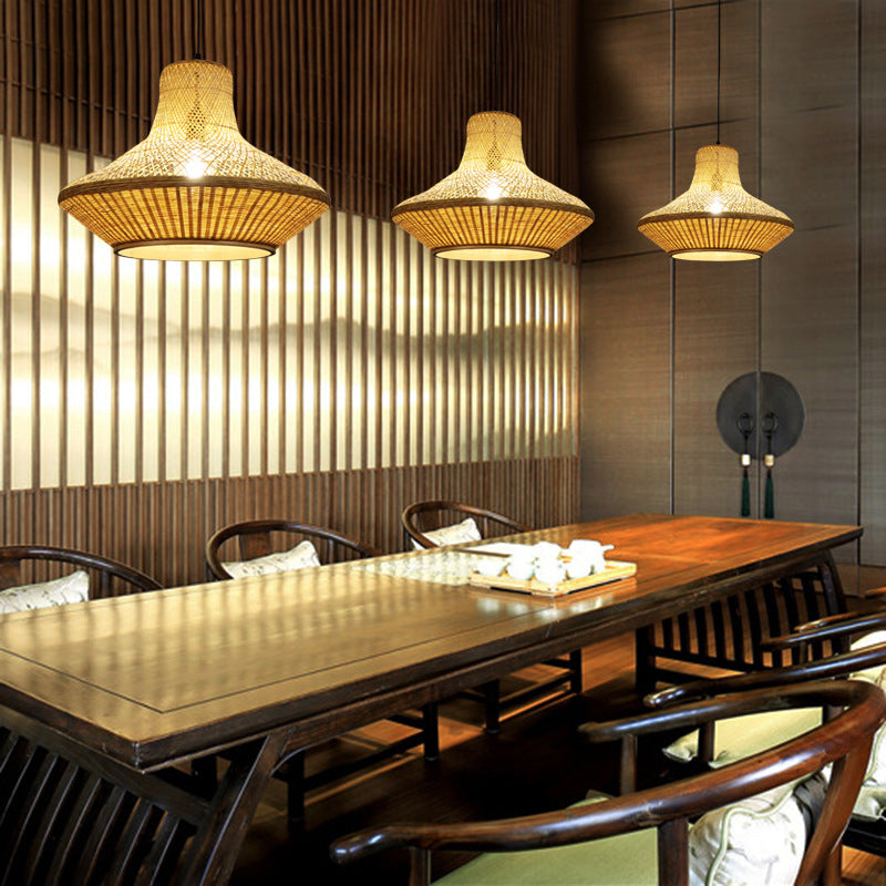 Simple Beige Dining Room Pendant Light with Bamboo Shade - 1-Light Down Lighting Kit