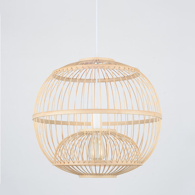 Bamboo Globe Dining Room Pendant Light Fixture - 14"/16" Dia, 1 Light, Modern Style, Beige