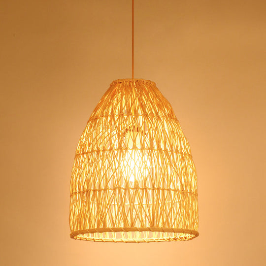 Elongated Cone Pendant Light Kit - Contemporary Bamboo Hanging Lamp Beige 1 Restaurant Or Home Decor