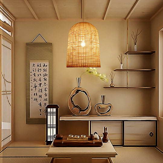 Bamboo Suspension Pendant Light: Contemporary 1 Light Dining Room Hanging Lamp In Beige