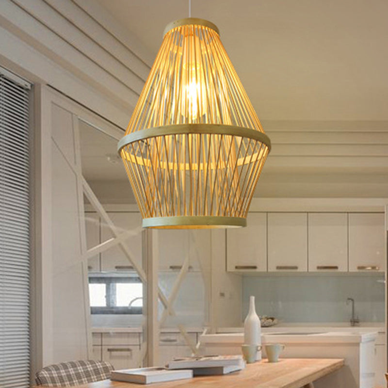 Modern Curved Bamboo Pendant Light Fixture for Dining Room - 1 Light Wood Hanging Lamp