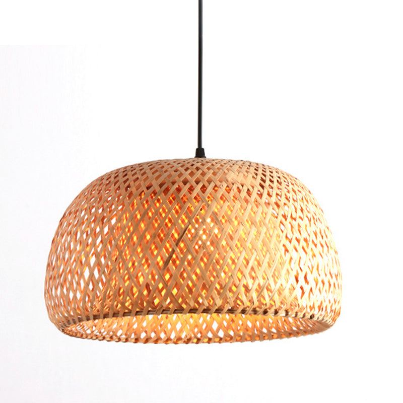 12"/15"/18" Wide Bamboo Domed Pendant Light Fixture - 1-Light Living Room Hanging Lamp Kit in Beige