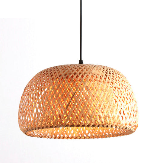 Wide Domed Shaped Pendant Bamboo Lamp: 1 Light Living Room Hanging Fixture In Beige - 12/15/18 Width