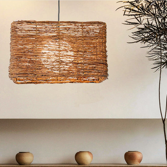 Brown Rattan Pendant Light For Dining Room - Asia Rectangle Design With 1 Hanging Kit