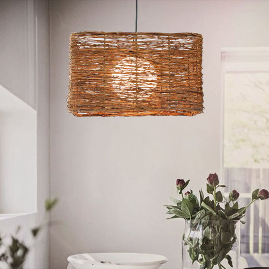 Brown Rattan Pendant Light For Dining Room - Asia Rectangle Design With 1 Hanging Kit