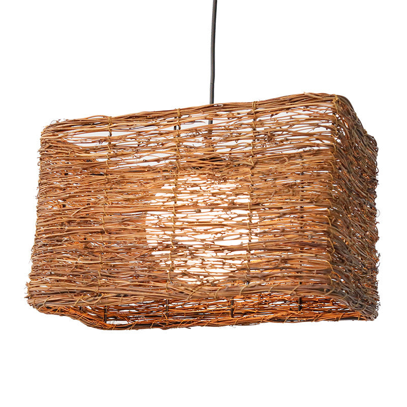 Brown Rattan Pendant Light For Dining Room - Asia Rectangle Design With 1 Hanging Kit