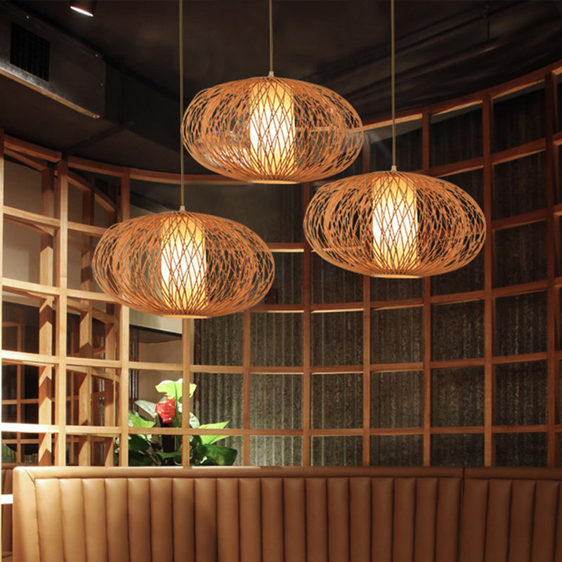 Modern Bamboo Pendant Light Fixture - Cross Woven Design - 1 Light - Beige - Dining Room Lighting