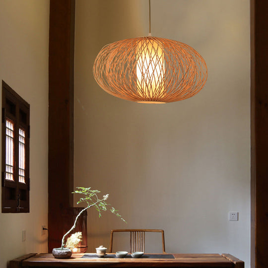 Modern Bamboo Pendant Light Fixture - Cross Woven Design - 1 Light - Beige - Dining Room Lighting