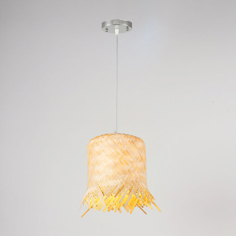 Asia Fringe Bamboo Pendant Light - 1 Kitchen Hanging Lamp In Beige