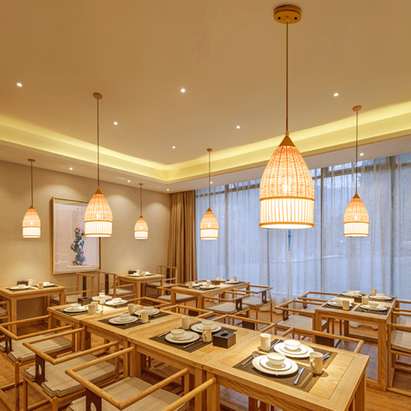 1-Light Asia Beige Pendant Lamp With Bamboo Shade For Dining Room Ceiling