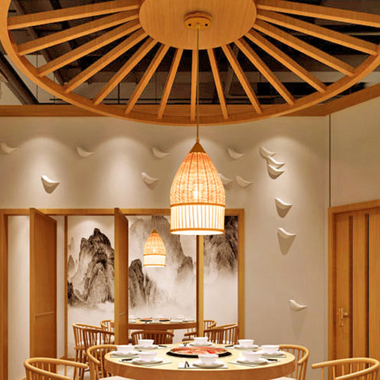 1-Light Asia Beige Pendant Lamp With Bamboo Shade For Dining Room Ceiling