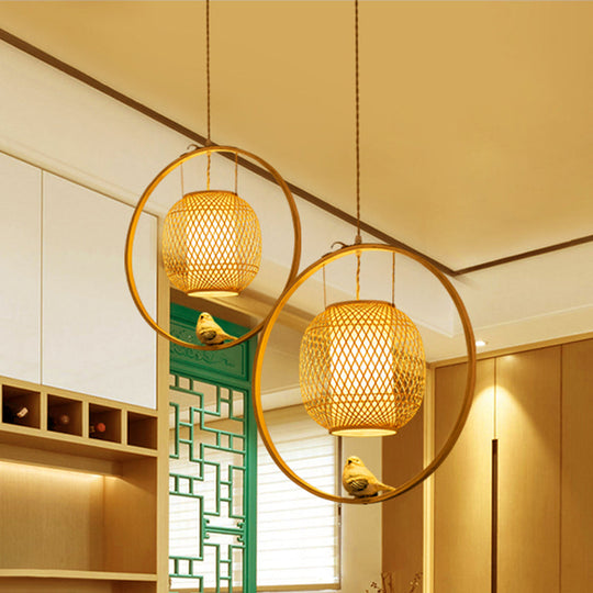 Bamboo Ceiling Light with Bird Deco: Modern Globe Hanging Lamp Kit in Beige