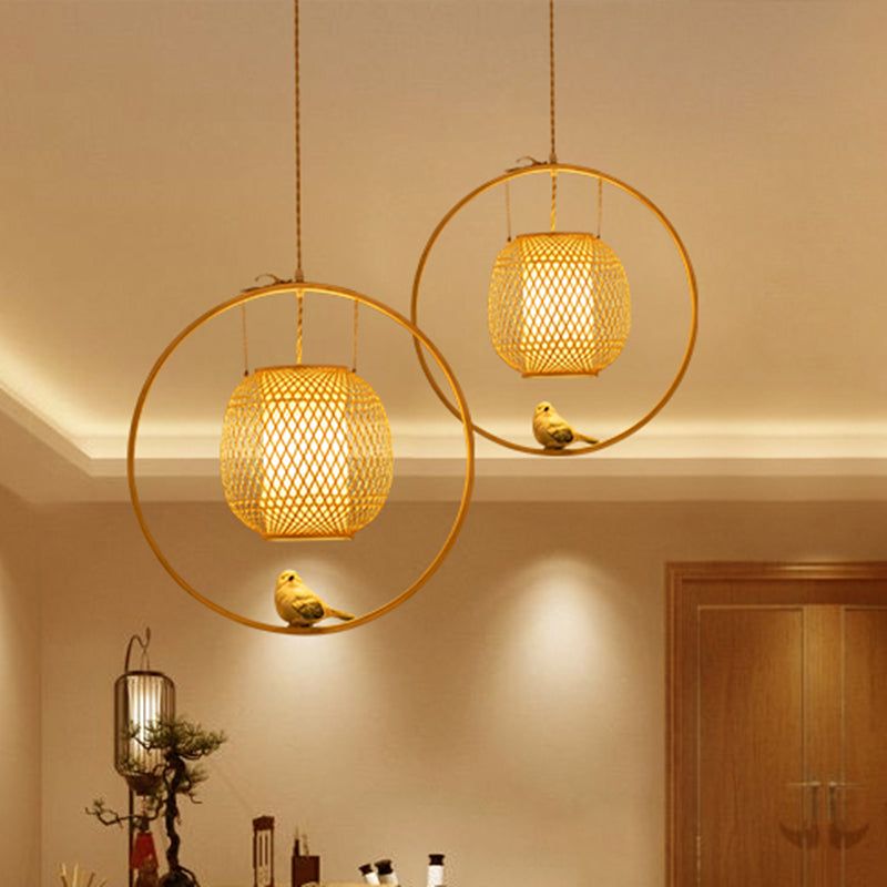 Bamboo Ceiling Light with Bird Deco: Modern Globe Hanging Lamp Kit in Beige