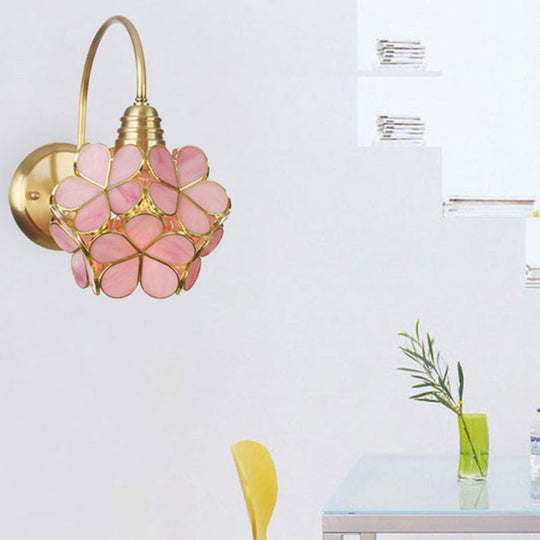 Minimalist Floral Metal Wall Sconce With Colorful Glass Shade For Living Room Lighting Pink