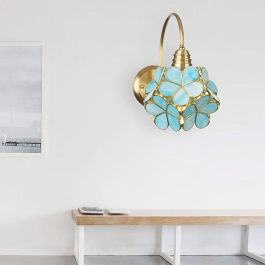 Minimalist Floral Metal Wall Sconce With Colorful Glass Shade For Living Room Lighting Blue