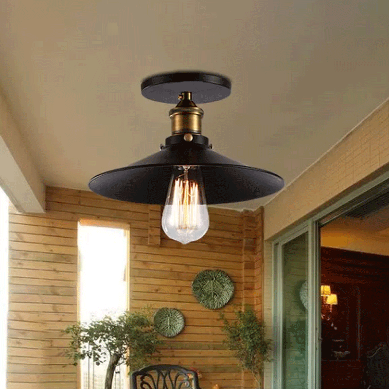 Iron Saucer Farmhouse Ceiling Mount Lamp - 1-Bulb Semi Flush Light Fixture In Black 8.5/10/12 Width