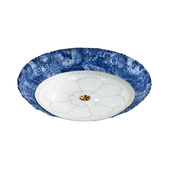 Led Flush Mount Ceiling Light - White Glass Blue Pattern Retro Style 14 / 16 19.5 Wide