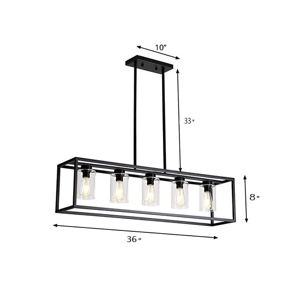 Industrial Clear Glass Pendant With Cylinder Shade 3/5 Lights Dinette Up/Down Island Lamp In Black