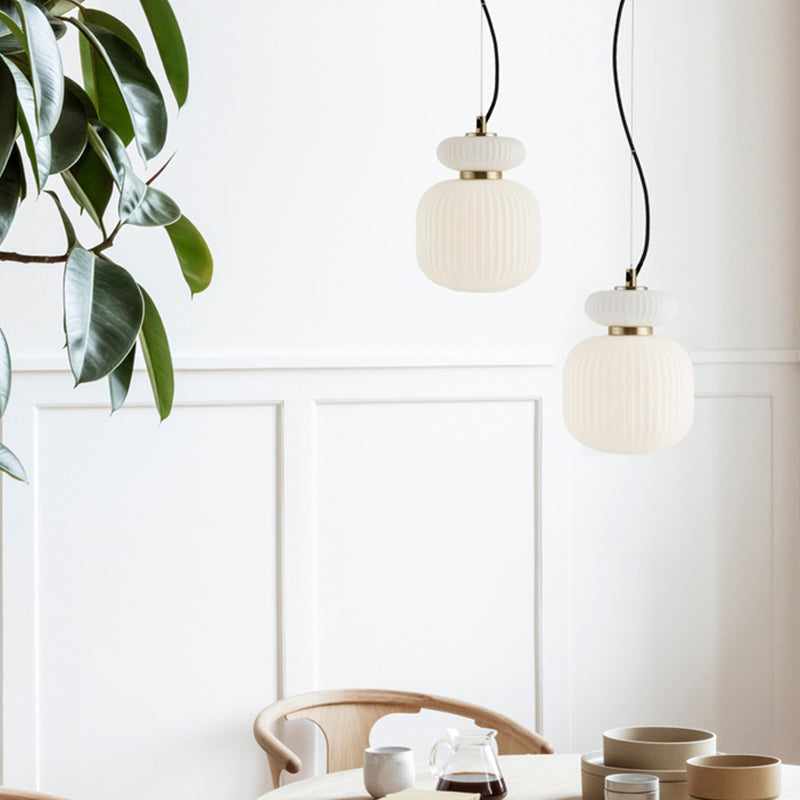 Contemporary Glass Jar Ceiling Light - White & Gold 1 Bulb Hanging Fixture For Dining Room