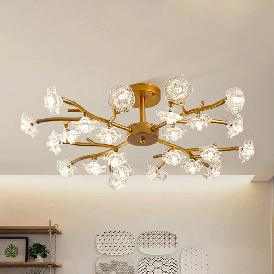 Gold LED Semi-Flush Ceiling Light with Crystal Flower Design and 18/24 Bulbs