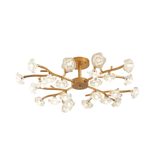 Gold LED Semi-Flush Ceiling Light with Crystal Flower Design and 18/24 Bulbs