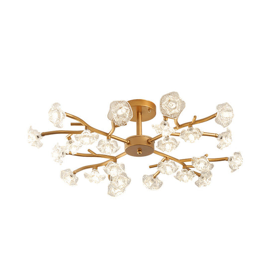 Gold Led Semi-Flush Ceiling Light With Crystal Flower Design And 18/24 Bulbs