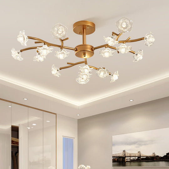 Gold LED Semi-Flush Ceiling Light with Crystal Flower Design and 18/24 Bulbs