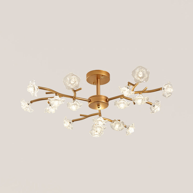 Gold LED Semi-Flush Ceiling Light with Crystal Flower Design and 18/24 Bulbs