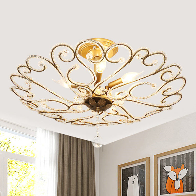 Modernist Gold Semi Mount Ceiling Light Fixture for Bedroom - 4/5-Light Flush Design with Crystal Beaded Shade