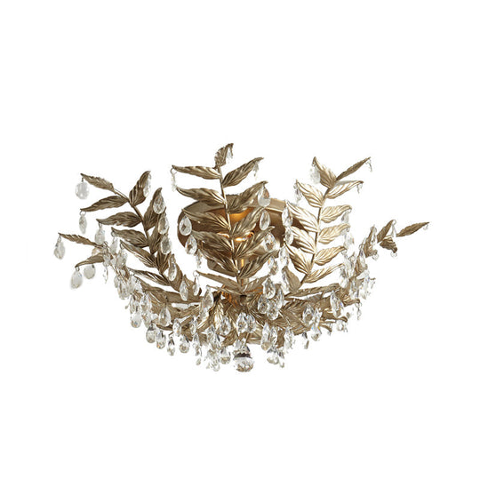 Traditional Leaf Crystal Ceiling Lamp in Gold - 10 Bulbs - Living Room Semi Flush Mount Fixture