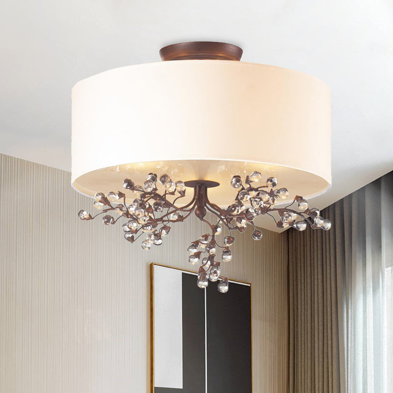 Beige Semi Flush Crystal Drum Ceiling Light Fixture - Traditional Design for Living Room