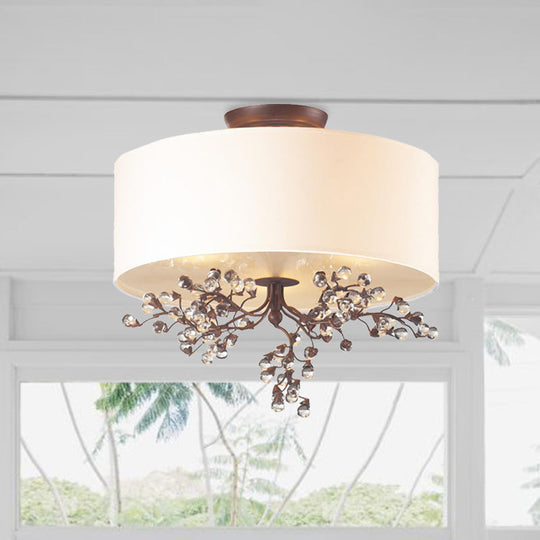 Beige Semi Flush Crystal Drum Ceiling Light Fixture - Traditional Design for Living Room