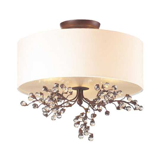 Beige Semi Flush Crystal Drum Ceiling Light Fixture - Traditional Design for Living Room