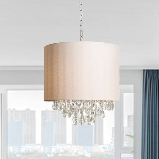 Lustre suspendu en tissu cylindrique moderne avec gouttes de cristal - Lampe suspendue beige (3/4 têtes)