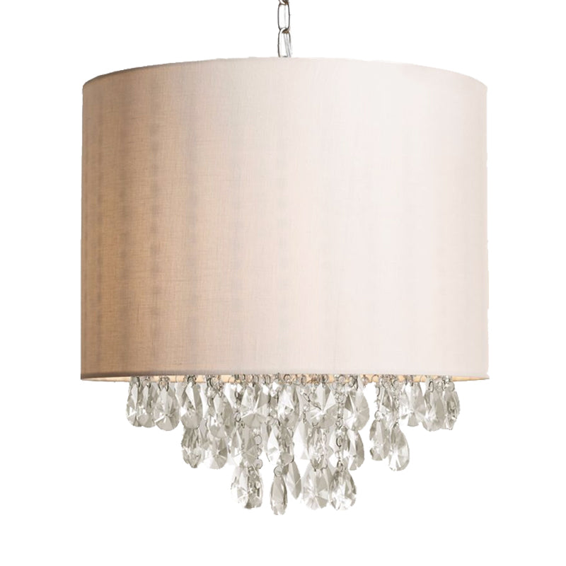 Lustre suspendu en tissu cylindrique moderne avec gouttes de cristal - Lampe suspendue beige (3/4 têtes)