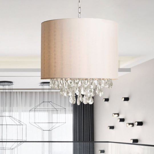 Modern Cylinder Fabric Chandelier - Beige Pendant Light With Crystal Drop (3/4 Heads)